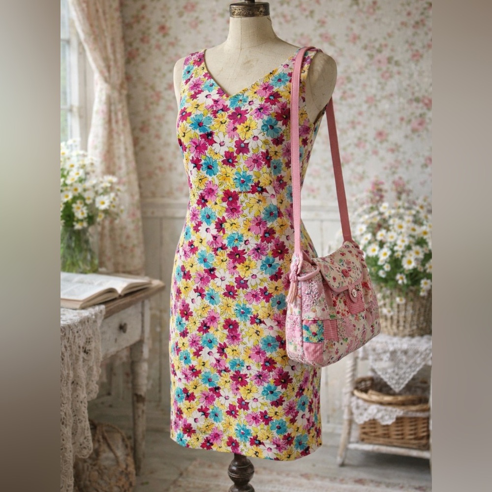Vintage Y2K Studio Ease Linen / Rayon Floral Multicolour Sleeveless Dress